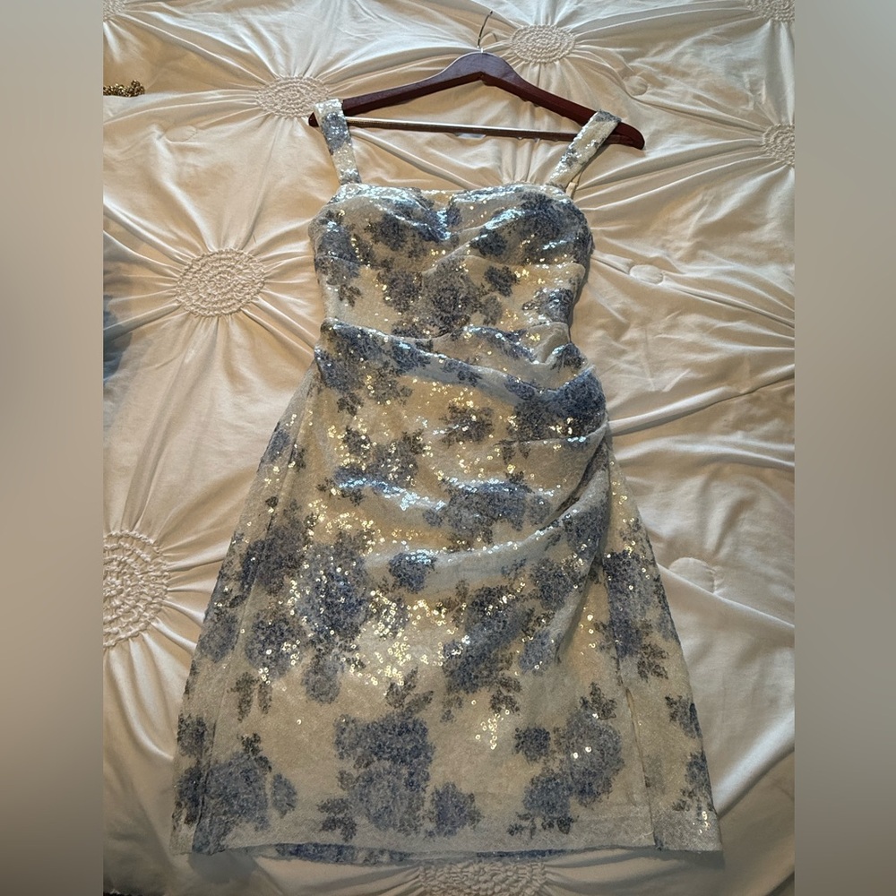 Windsor Silver and Blue Sequin Floral Midi Dress